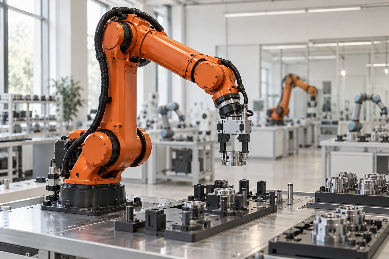 Orange industrial robotic arm handling precision metal parts in a bright laboratory